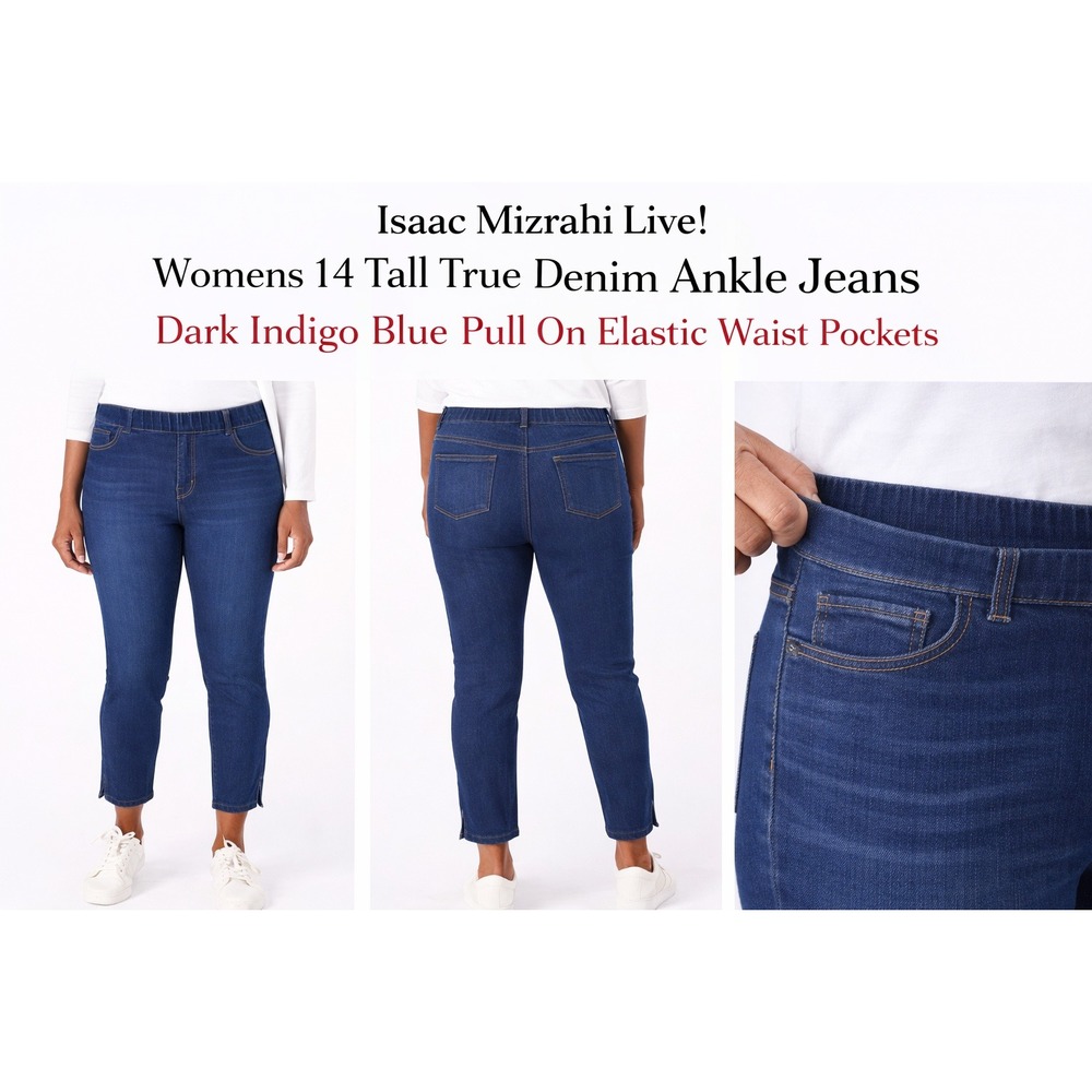 Isaac Mizrahi Live Womens 14 Tall True Denim Ankle Jeans Dark Indigo Blue PullOn
